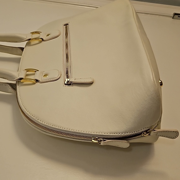 JOY & IMAN Ivory Pebbled SpIit Leather Large Clamshell Satchel Handbag - Picture 7 of 12